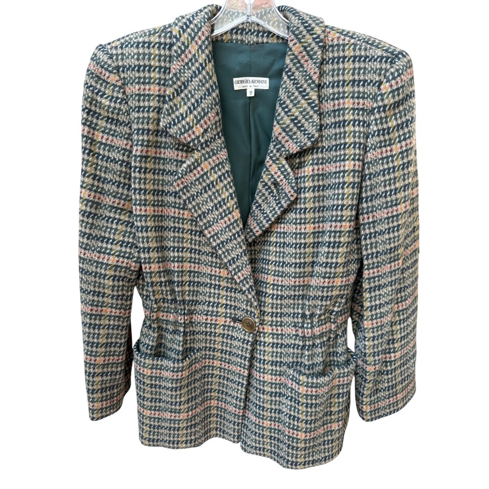 VTG‎ Giorgio Armani Womens Wool Blazer 38 / 4 Green Pink Houndstooth Plaid Italy
